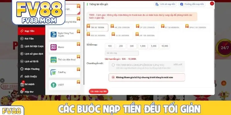 Các bước nạp tiền đều tối giản